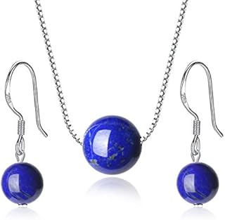COAI Lapis Lazuli Stone 925 Sterling Silver Earrings Necklace Set for Womens Girls