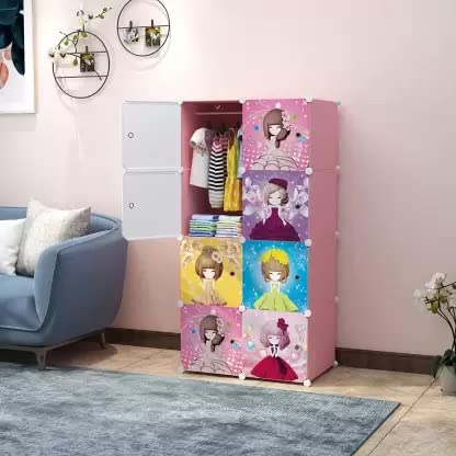 Image of Kids Plastic Collapsible Wardrobe Organizer for Storage | Cute Cartoon Design | Heavy Duty Cloth Organizer for Storage | Easy to Assemble | Perfect for Kids Room & Home (Pink)