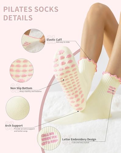 Image of Yawlsow Cute Pilates Grip Socks for Women Ruffle Frilly Yoga Socks Non Slip Cotton Crew Grippy Sock for Barre Workout