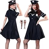 [Diki Home] ハロウィン コスプレ 黒色 仮装 パイロット セーラー服 セクシー クラブ風 女性警察官 舞台 演技用 衣装 パーティー イベント 文化祭 網タイツ付き (黒, XL)
