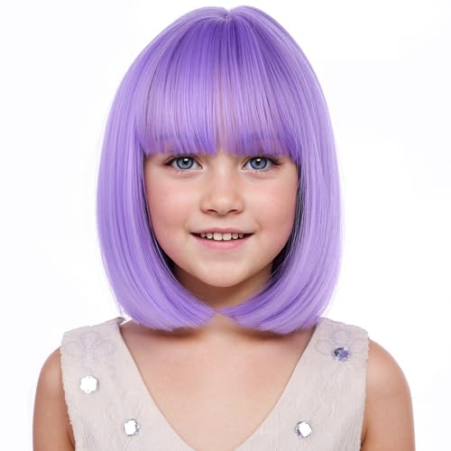 PATTNIUM Kids Purple Wig Child Bob Wig Short Light Purple Wigs for Girls Lavender Purple Bob Hair Cosplay Party Synthetic Rose Net Daily Wear Wigs