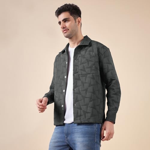 Image of Urban Scottish Men's Oversized Shacket, Cotton Jacquard, Long Sleeve Button Down Collared Shirt Jacket for Mens - Long Fit, Textured Fabric, Stylish Casual Outerwear