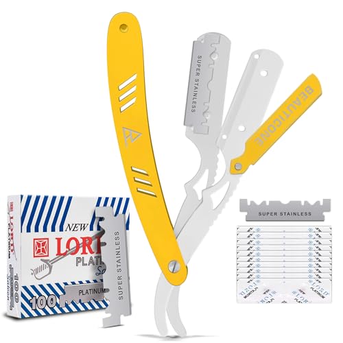 BEAUTICONE Barber Straight Razor for Men, Swing Lock Shavette with 100 Stainless Steel Blades, Professional Cut Throat Razor, Beard Shaper