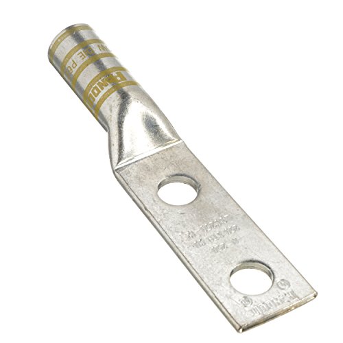 Panduit LCC250-38DW-X Code Conductor Lug, Two Hole, Long Barrel With Window, 250kcmil Copper Conductor Size, 3/8" Stud Size, Yellow Color Code, 1.00" Stud Hole Spacing, 1-11/16" Wire Strip Length, 0.14" Tongue Thickness, 1.17" Tongue Width, 1.61" Neck Length, 3.89" Overall Length