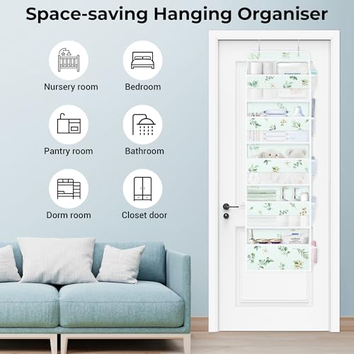 Clastyle Leaf Over The Door Organizer Nursery Hanging Storage Organizer for Women Girls Clothes Diaper Toy Closet Door Hanging Shelf Storage for Bedroom Bathroom Pantry, Eucalyptus Stems, 5-Tier - Image 3