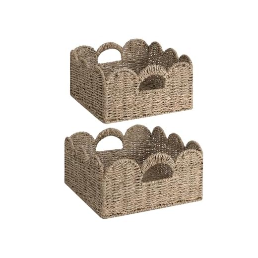 StorageWorks Scalloped Wicker Basket, Hand-woven Rattan Baskets with Built-in Handles, Seagrass Basket for Organizing and Decor, 2 Pack