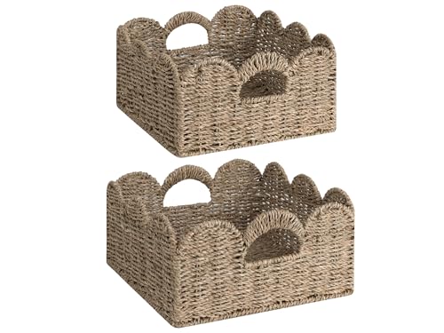 Image of StorageWorks Scalloped Wicker Basket, Hand-woven Rattan Baskets with Built-in Handles, Seagrass Basket for Organizing and Decor, 2 Pack