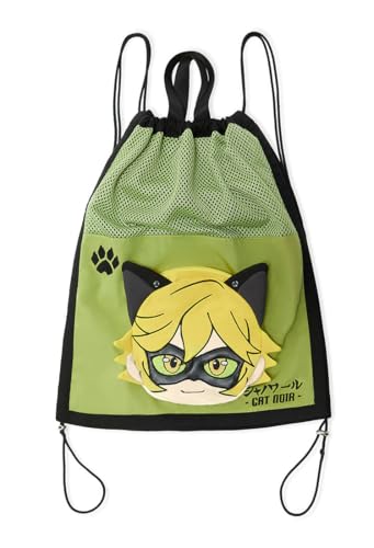 Micotaku Miraculous Bolsa de praia Miraculous Ladybug Cat Noir oficialmente licenciada – Bolsa com cordão com camada à prova d'água, Verde e preto, One Size