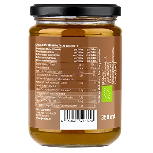 JARMINO Kalbsknochenbrühe 6x350 ml | Bio-Qualität, Kollagen- & proteinreich | nach Hildegard von Bingen | Paleo Keto Bone Broth | Bio Brühe aus Weidehaltung & Grasfütterung