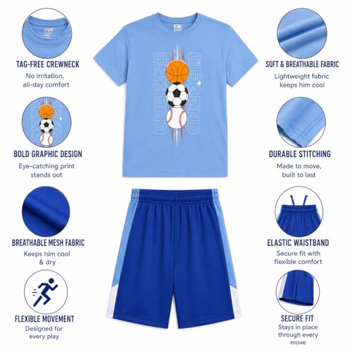 Image of Pro Athlete Boys Shorts Sets - 4 Piece Dry Fit Short Sleeve Crewneck Graphic Tee and Performance Shorts for Boys (Sizes 8-16)