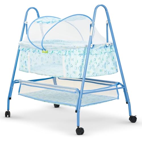 Image of BAYBEE Clora Baby Cradle and Swing with Mosquito Net | Jhula Palna for Newborns | 360 Rotating Lockable Wheels & Storage Basket | Light Blue