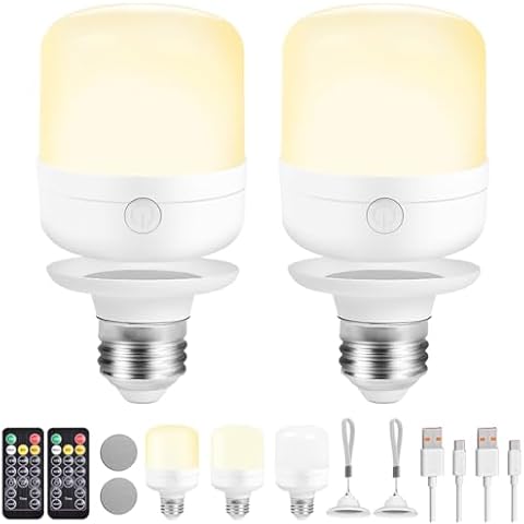 E26 Battery-Operated Rechargeable Light Bulbs with Remote for Lamps, Sconces, and Non-Hardwired Fixture, 3 Color Temperatures, Timer, Detachable Charging – 2 Pack Cover