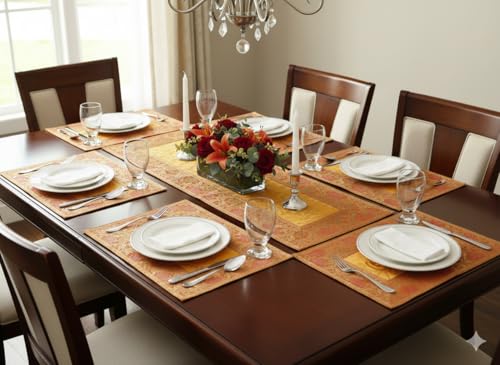 Image of Brocade Silk Placemats for Dinning Table 12 x 18 Inches Hand Embroidered, Set of 6 Decorative Placemats for Home (Yellow Gold)