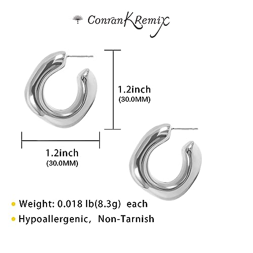 Conran Kremix Chunky Silver Hoops Earrings For Women Thick Silver Open Hoop Lightweight Hollow Earrings For Women Trendy Silver Jewelry Non-Tarnish #TOP1