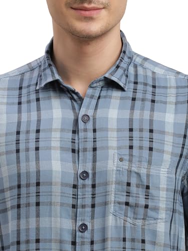 Image of Turtle Men Cotton Viscose Checkered Slim Fit Denim Shirt