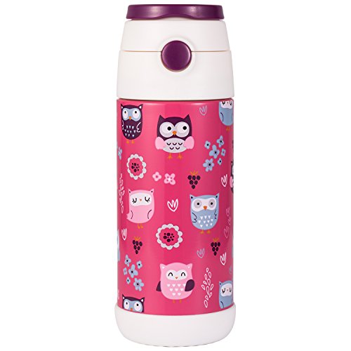 Snug Kids Flask - Stainless Steel Insulated Water Bottle with Straw for Children/Toddlers (Girls/Boys) - Owls, 350ml