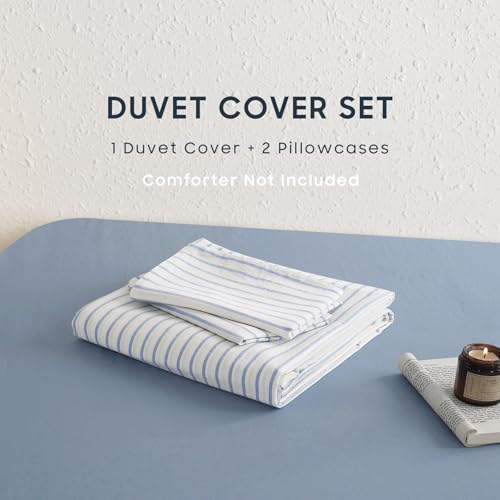 Image of Wake In Cloud - Striped Cotton Duvet Cover Set, Ticking Stripe Vertical Pinstripe Farmhouse, 100% Washed Cotton Textured Bedding Set, 3 Pieces, Blue White, King Size