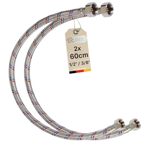 DL-pro Lot de 2 tuyaux flexibles de 60 cm - 1/2" vers 3/8" - Tuyau de raccordement pour robinetterie/vanne d'équerre