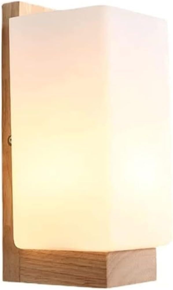 Lampada da parete in legno in stile giapponese, paralume in vetro bianco latte, base E26/E27, lampada da parete per camera da letto, studio, portico, corridoio