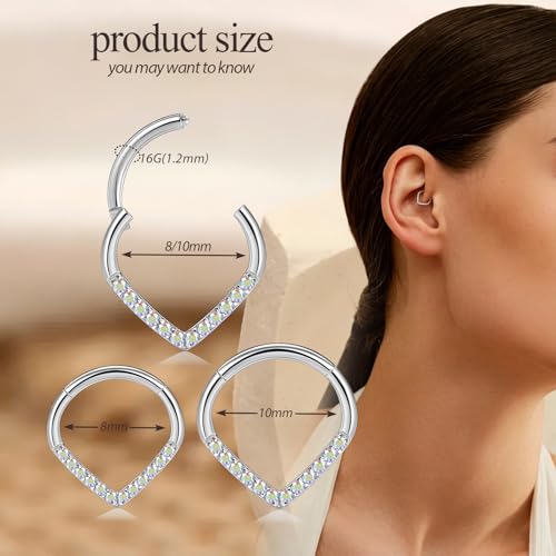 PEAKLINK Teadrdrop Septum Ring 16G Septum Jewelry Nose Hoop with AB CZ Daith Earring Surgical Steel Seamless Clicker Tragus Rook Jewelry Silver Helix Cartilage Conch Hoop Earring 10mm by PEAKLINK - Used condition - Image 2