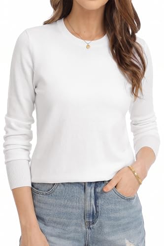 Image of QUALFORT Women's White Sweater Crewneck Soft Knitted Pullovers White XX-Large