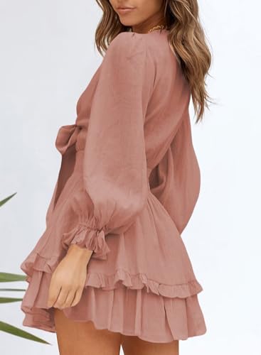 Image of Dokotoo Womens Casual Spring Fall 2025 Deep V Neck Knotted Tiered Chiffon Elegant Mini Short Swing Skater Dresses