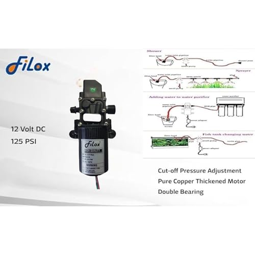 Image of Filox 12V DC Water Pump 125 PSI - High Performance Diaphragm Pump with Auto Pressure Switch | Battery Sprayer Motor with SMPS Adapter for Agriculture, Pesticide Spray, Car Wash & Cleaning (Black)
