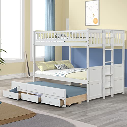 Emkk Full Over Full Bunk Bed With Trundle And 3 Drawers,Full Over Full Bunk Beds With Ladder, Solid Wood Twin Trundle Bed With Rails, Safety High Guardrails For Kids,Teens,White #TOP7