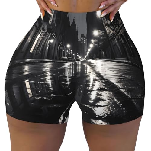 Rainy Day in The Street Pattern Sports Shorts, high Elastic Slim Fitness Pants, Suitable for Yoga/Leisure/Daily wear