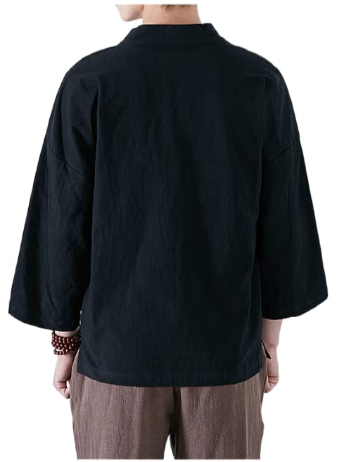 Image of Men's Japanese Kimono Cardigan Loose Cotton Linen 3 /4 Sleeve Open Front Casual Summer Shirt Jackets