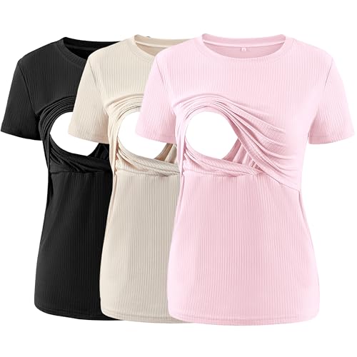 Image of Liu & Qu Women's Maternity Nursing Tops Rib Short Sleeve Breastfeeding Shirts Maternity Clothes 3-Pack