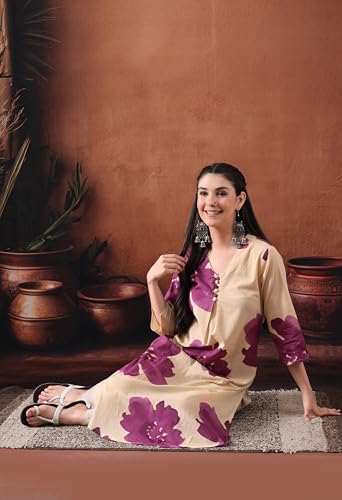 Image of Ichaa Women's Pure Cotton A-Line Ethnic V-Neck Kurta with 3 /4th Sleeve for Daily and Office Wear, in Plus Sizes