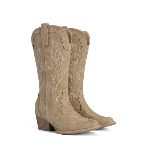 Image of DREAM PAIRS Women's Cowboy Cowgirl Western Boots | Embroidered Pointed Toe Low Heel Mid Calf Boot for Theme Party Country Concert