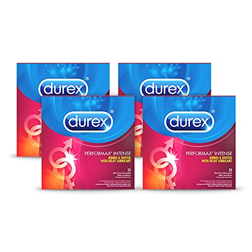 Durex Performax Intense Condoms, Ultra Fine, Ribbed, Dotted with Delay Lubricant Natural Rubber Latex Condoms for Men, FSA & HSA Eligible, 24 Count (Pack of 4)