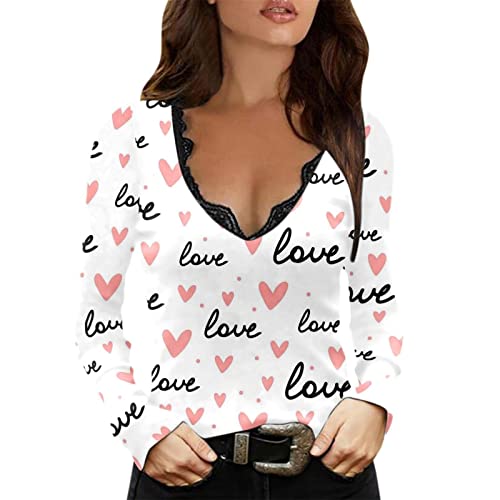 V Bust Lace Decored Shirts for Women Deep Neck Graphic Tee Long Sleeve Pullover Hearts Letter Print Slim Fit Tops Valentine's Day Casual Blouse for Girlfriend Wife Sexy Longline T Shirt