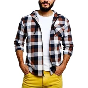 ZITY Men’s Cotton Linen Zip up Hoodies Long Sleeve Casual Tops Plaid Flannel Shirt with Hood