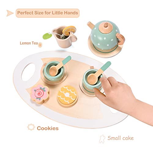 15Pcs Wooden Tea Set For Little Girls, Mont Pleasant Wooden Toys, Toddler Tea Set Play Kitchen Accessories Play Food Playset For Kids Tea Party #TOP1