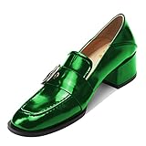 YDN Women Square Toe Heeled Loafers Slip on Block Low Heel Pumps Buckle Fashion Formal Wear Shoes Size 12 Green
