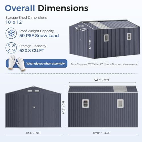K Knowbody 10x12 FT Metal Shed for Outdoors, Heavy Duty Steel Yard Shed with Translucent Roof & Windows, Lockable Doors, Large Utility Tool House for Garden, Backyard, Patio