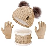 Senker Fashion Winter Beanie Kids Hat and Gloves Set for Girls Boys Toddler Pompom Knit Fleece Lined for Cold Weather
