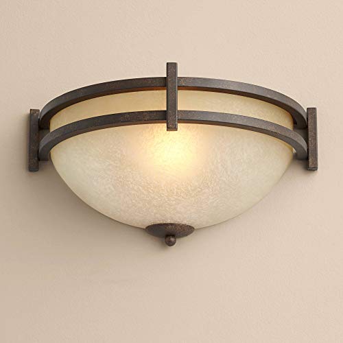 Franklin Iron Works Oak Valley Collection Mission Cottage Sconce Wall Decor Rustic Bronze Hardwired 14 1/2" Wide Fixture Pocket Scavo Glass for Bedroom Bathroom Bedside Living Room Home Hallway