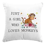 Just a Girl Who Loves Monkeys Throw Pillow Cover, Girl Monkeys Gifts for Girls, Cushion Cover for Sofa Bed Home Decor 18 x 18 Inch, Monkeys Lover Gift