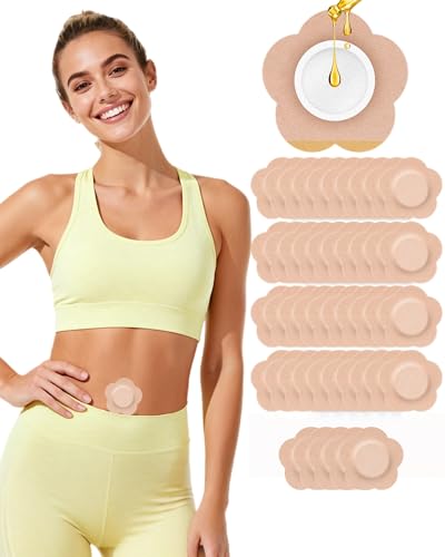 HOTRYEE 45PCS Castor Oil Patches for Belly Button, Castor Oil Pack Wrap Disposable Self-Adhesive, Organic Cotton, Leak-Proof & Breathable, No Wash - Petal-Shaped, Beige
