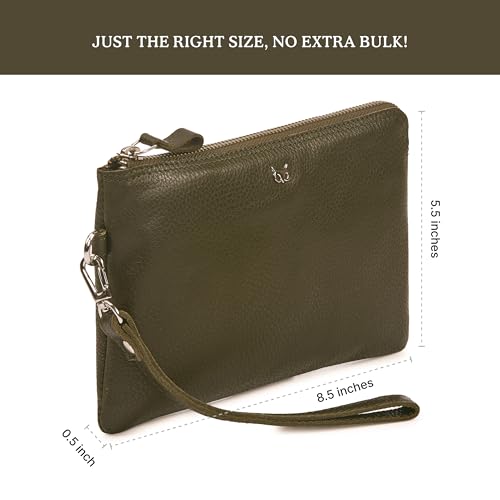 Wise Owl Accessories Genuine Leather Wristlet Wallet for Women Clutch Handbag Purses for Cell Phone Keys Coins Credit Card Slots (Olive Nappa) - Thumbnail 3