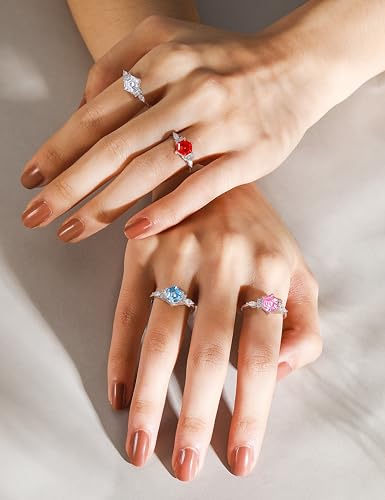 Cijisx Hexagon Birthstone Ring 925 Sterling Silver Wedding Ring Simulated Aquamarine Cubic Zirconia Ring Engagement Ring for Women Light Blue Promise Ring for Her Size 9.5 — view 5