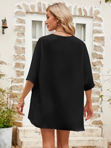 Chunoy Women Open Front Summer Loose Lightweight Sheer Thin Cardigan Short Chiffon Kimono Cover Up Black Small