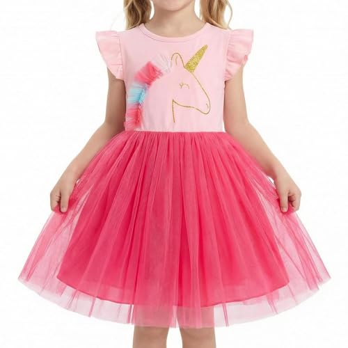 DivingBirds Mädchen Kleider Einhorn Rüschen Kurzarm Baumwolle Top Tülkleid Sommer Kleinkind Prinzessin Geburtstag Partykleid Kinderkleider für 3-8 Jahre