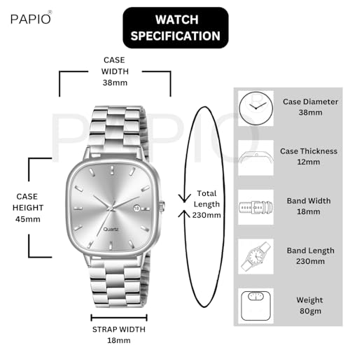 Image of PAPIO Analog Quartz Watch with Date Display | Silver Stainless Steel Strap | Square Dial Formal & Casual Wrist Watch for Men