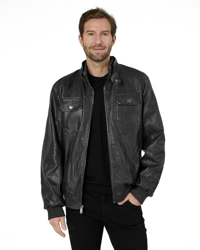 wantdo Men's Faux Leather Jacket Windproof Motorcycle Bomber Jacket Slim Fit Winter Coat with Removable Hood2