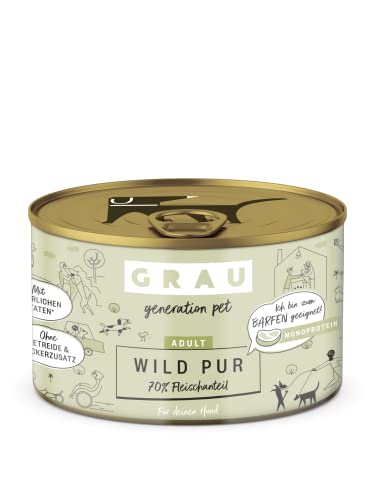 GRAU – das Original – Nassfutter für Hunde - Wild Pur, 6er Pack (6 x 200 g), getreidefrei, für Erwachsene Hunde
